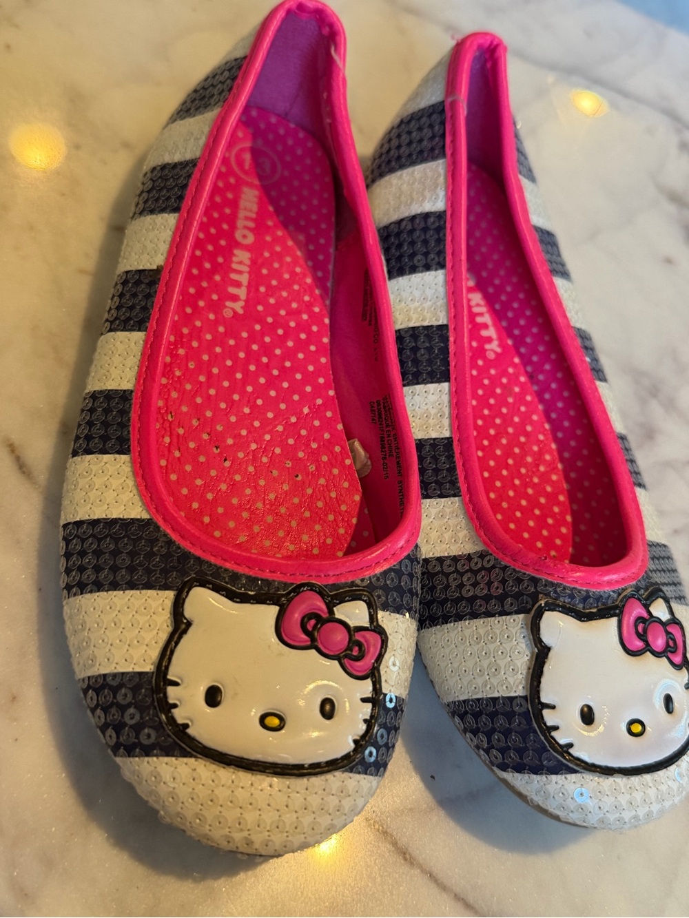 Hello Kitty Kids' Sparkly Navy & White Striped Slip-On Flats with Pink Trim 13